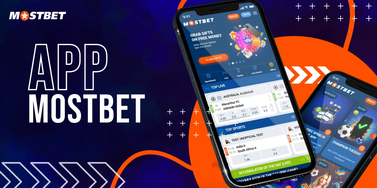 Blue background with two smartphones displaying the official MostBet mobile website.