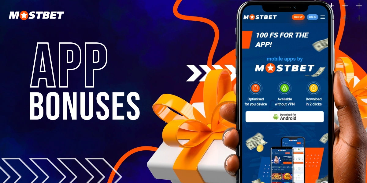 Hand holding a smartphone with MostBet app bonuses and benefits displayed.