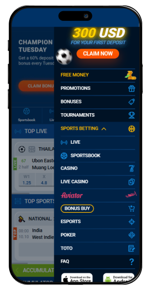 A phone with the Mostbet website menu open