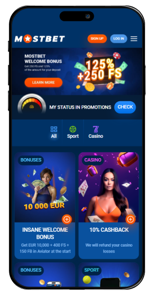 A phone with the bonus page Mostbet website open