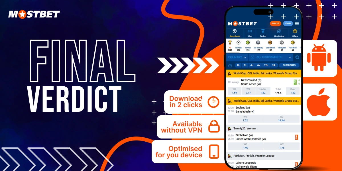 Phone with the MostBet mobile app on screen and feature icons — quick download, VPN-free access, Android and iOS compatibility.