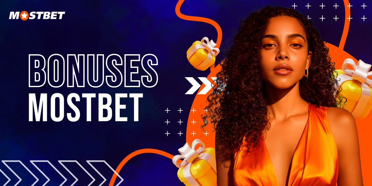 Attractive woman in orange dress surrounded by gift boxes symbolizing MostBet bonus offers.