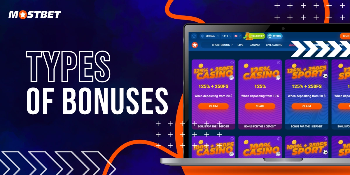 Laptop screen displaying the official MostBet bonuses page.