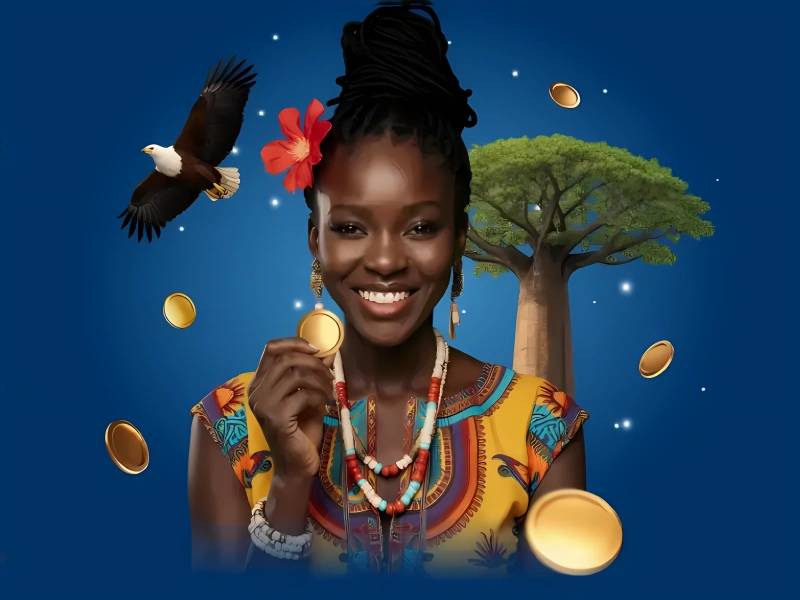Nigerian woman surrounded by coins, MostBet theme
