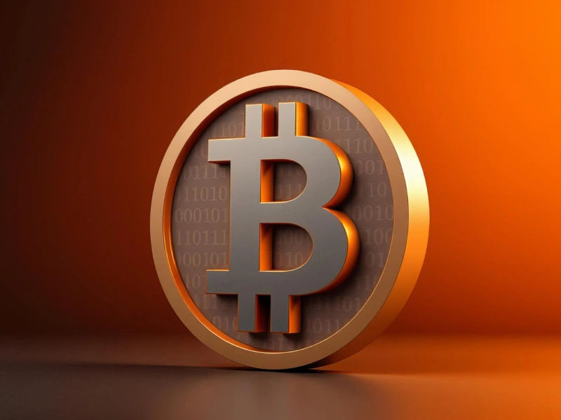 3D Bitcoin coin on blue-orange background, MostBet theme