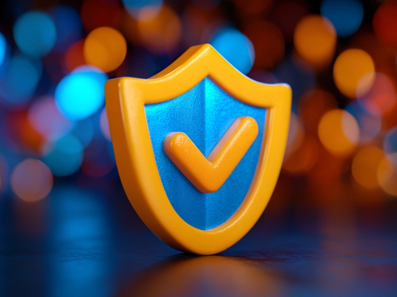 Blue-orange 3D shield with check mark, MostBet theme