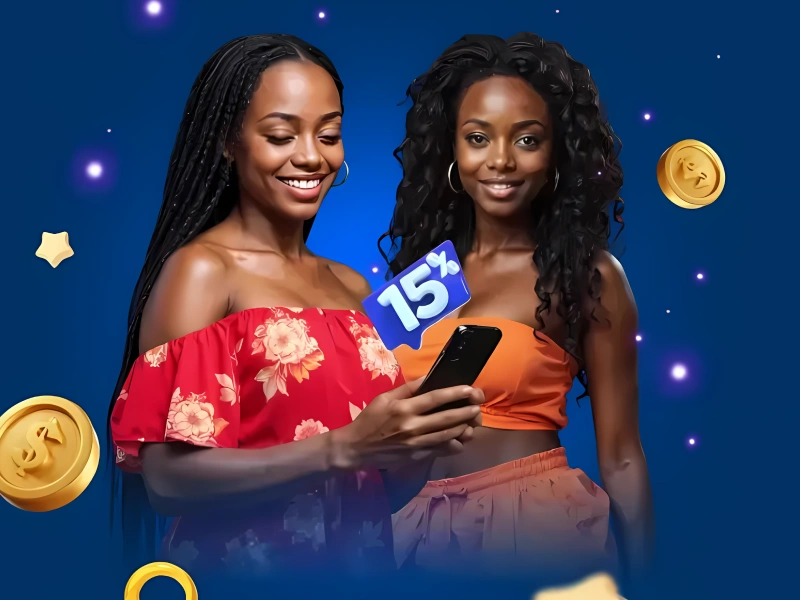 Two women looking at smartphone with MostBet app, blue background