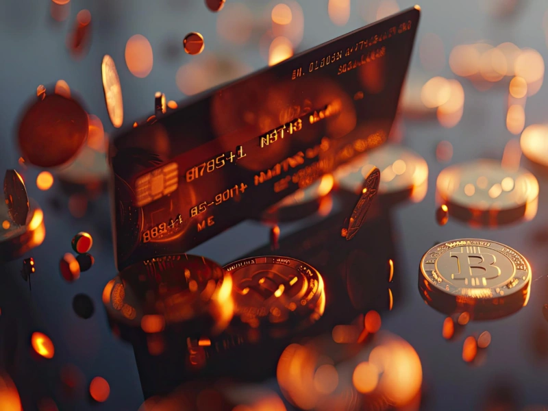 Plastic card and Bitcoin coins on black table with orange accents, MostBet theme