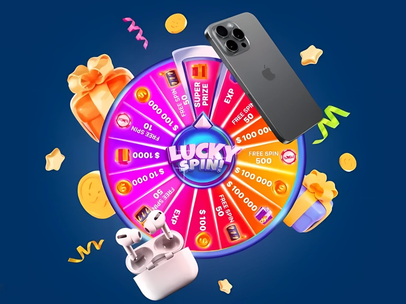 Wheel of fortune, headphones, gifts, and smartphone, MostBet theme