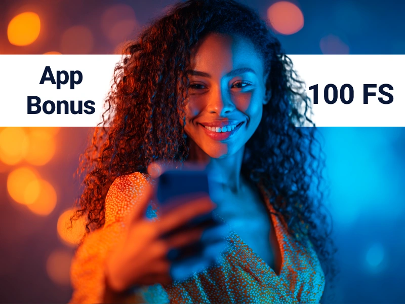 Attractive dark-skinned woman holding smartphone, blue-orange bokeh background, MostBet theme