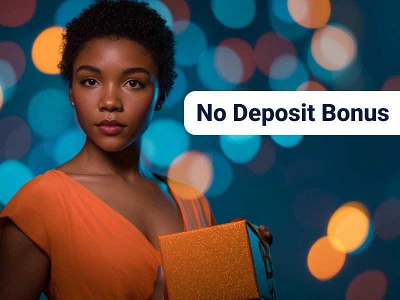 Attractive dark-skinned woman holding orange gift, blue-orange bokeh background, MostBet theme