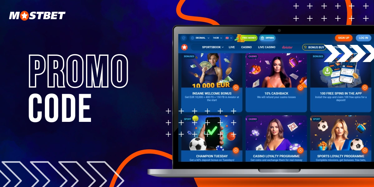 Laptop with the official MostBet promo code page open.