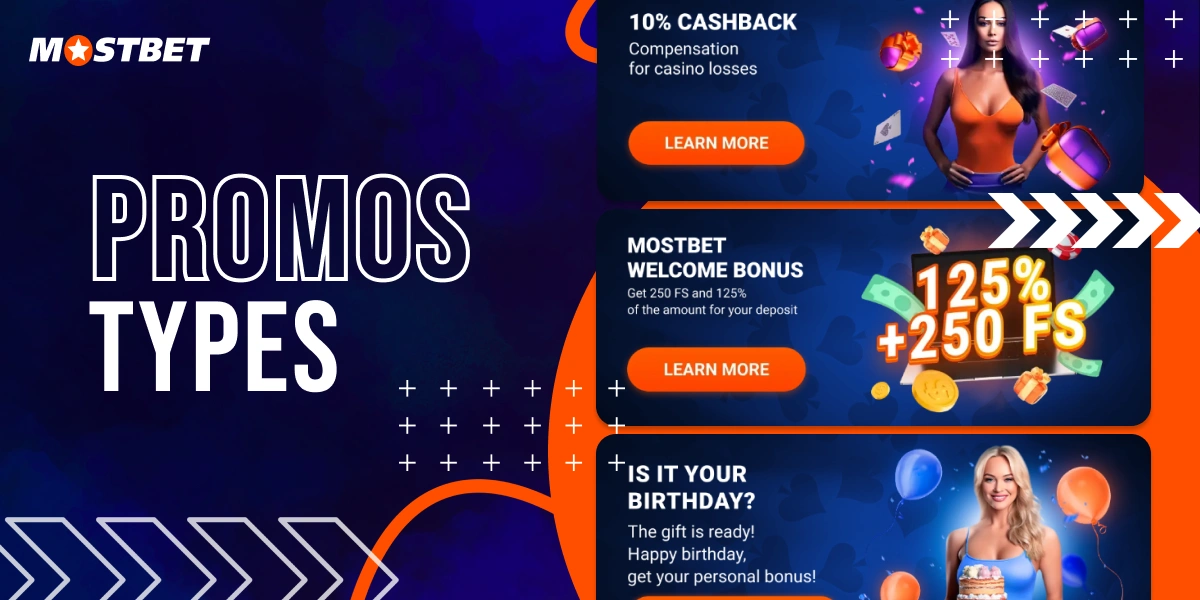 Cards with sample promo codes from the official MostBet website.