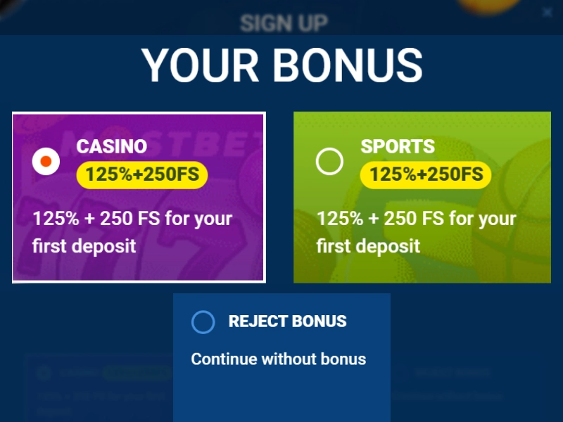 Screenshot of the MostBet bonus selection screen showing Casino Bonus, Sports Bonus, and No Bonus options.