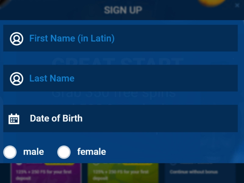 Screenshot of the registration form section for entering first name, last name, date of birth, and gender.