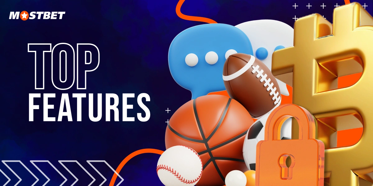 3D composition featuring sports balls, Bitcoin coin, security lock, and chat cloud symbolizing MostBet features.