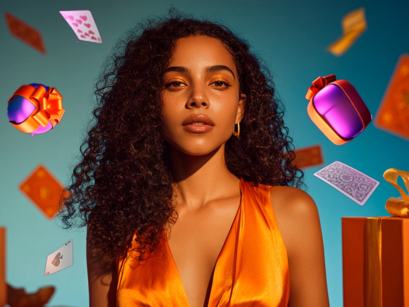 Attractive woman in orange dress surrounded by gifts and playing cards, MostBet theme