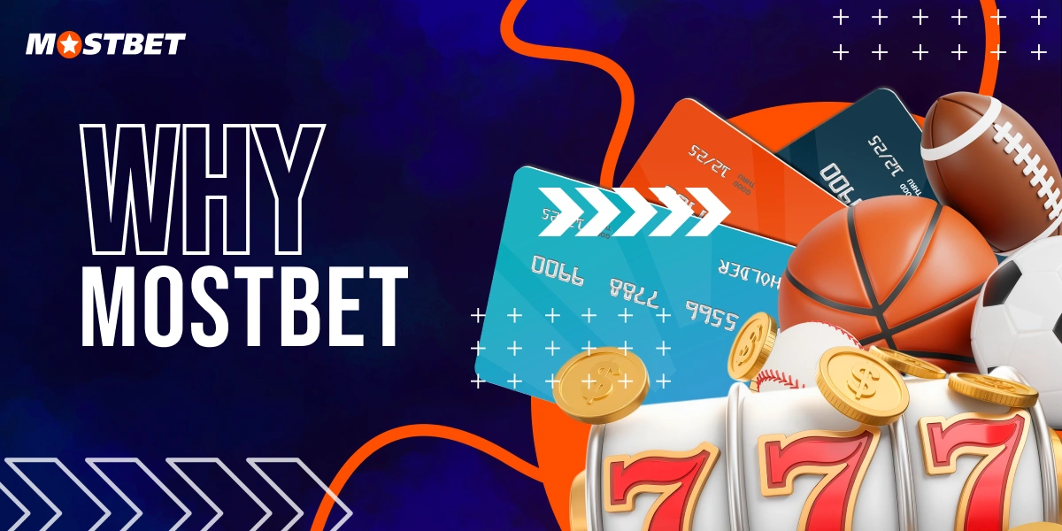 3D illustration with sports balls, credit cards, and slot machine icons representing MostBet advantages.