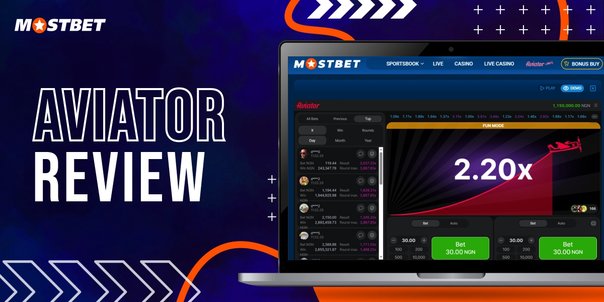 Mostbet Aviator review banner with game interface screenshot and rising multiplier on laptop screen
