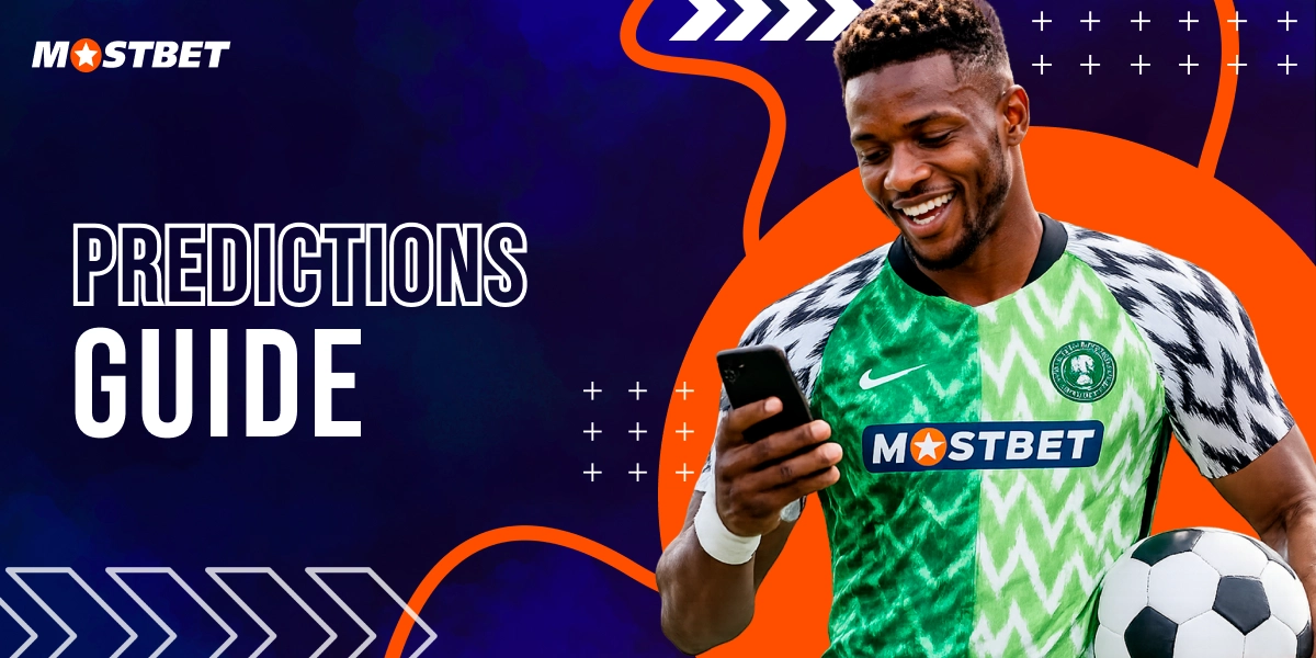 Mostbet predictions guide banner with football player checking smartphone and soccer ball graphic