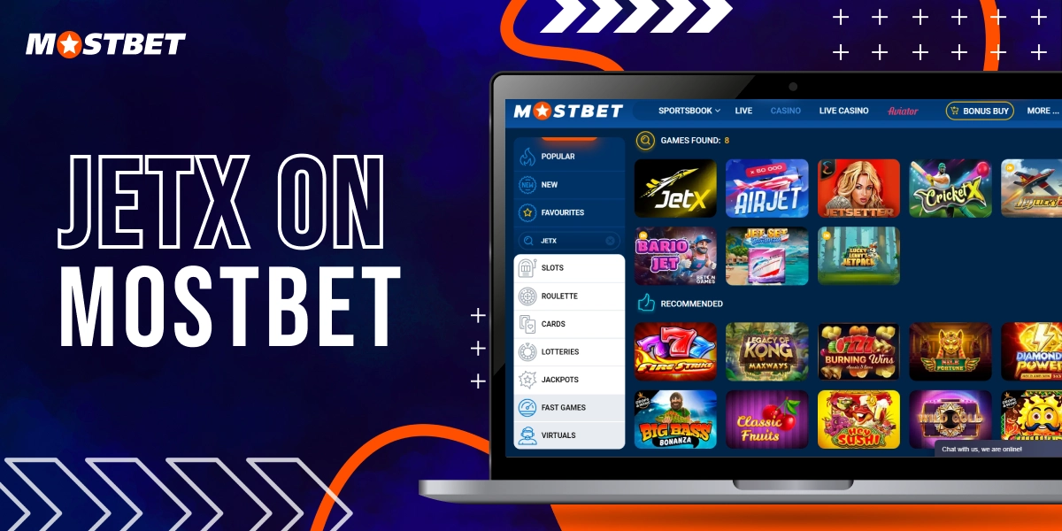 JetX on Mostbet homepage showing casino lobby interface with multiple game icons