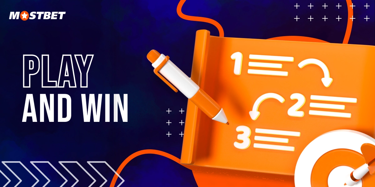 Play and win concept for Mostbet Aviator with checklist graphic and bold promotional design