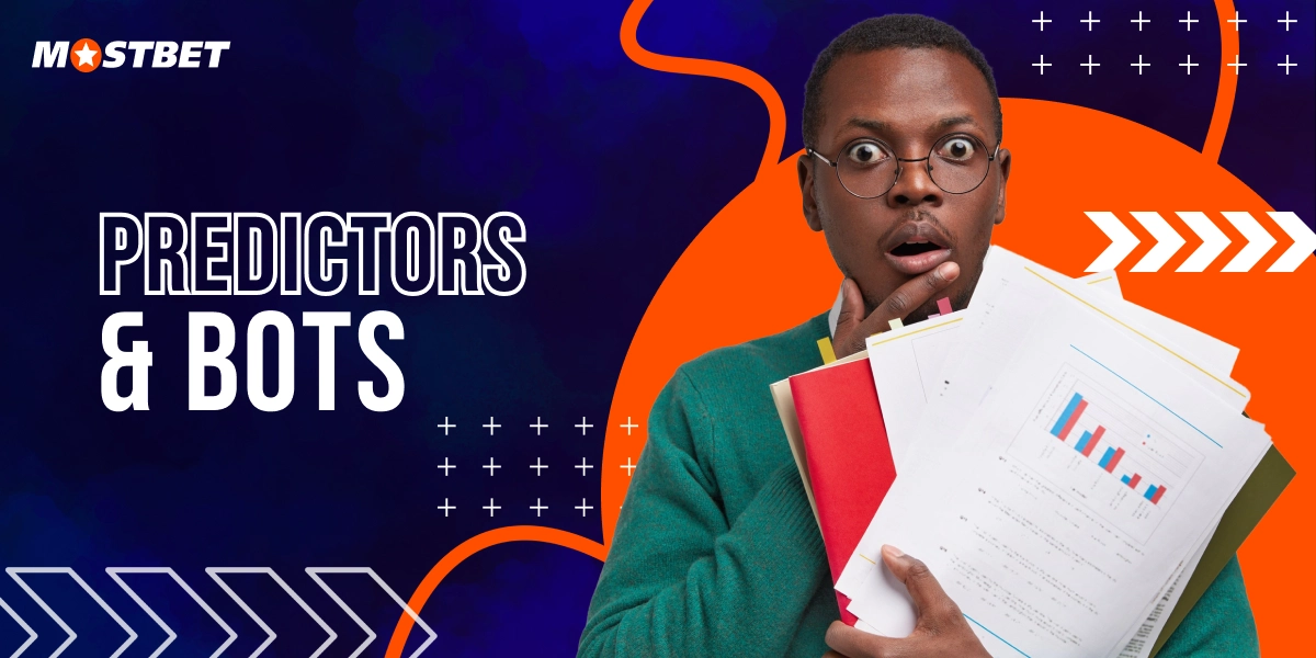 Predictors and bots theme on Mostbet with surprised man holding documents and bold headline