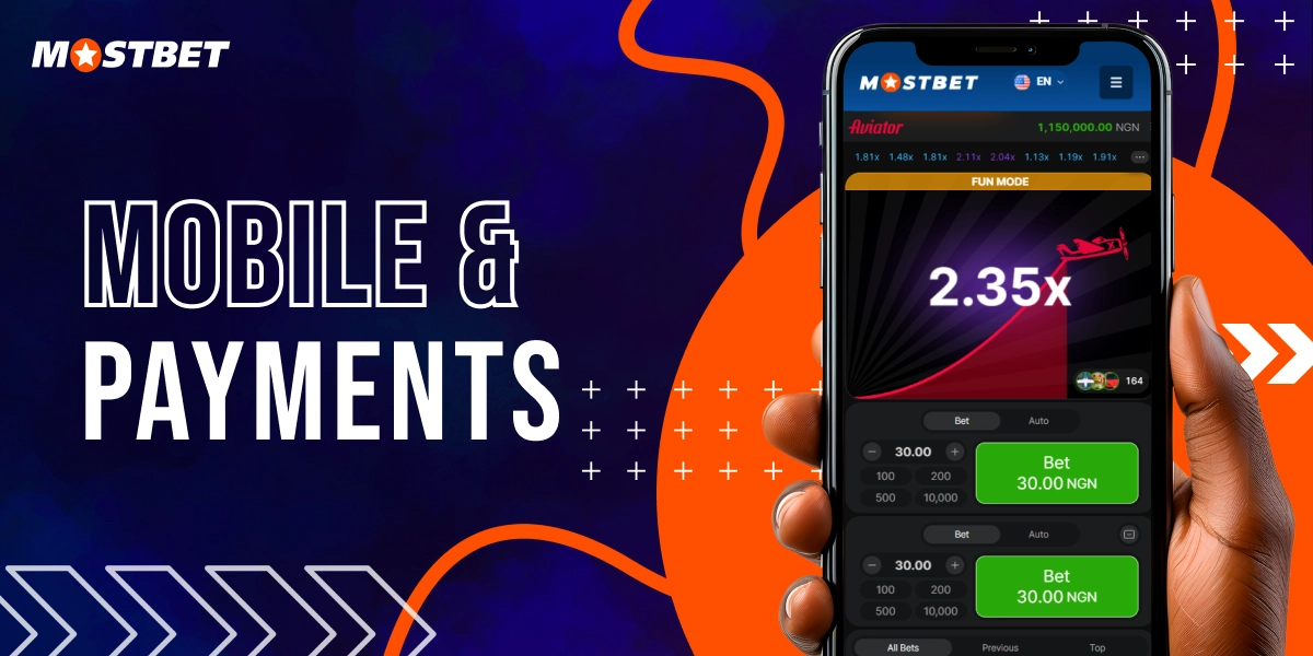 Mobile gaming and payments on Mostbet app displayed on smartphone with Aviator multiplier