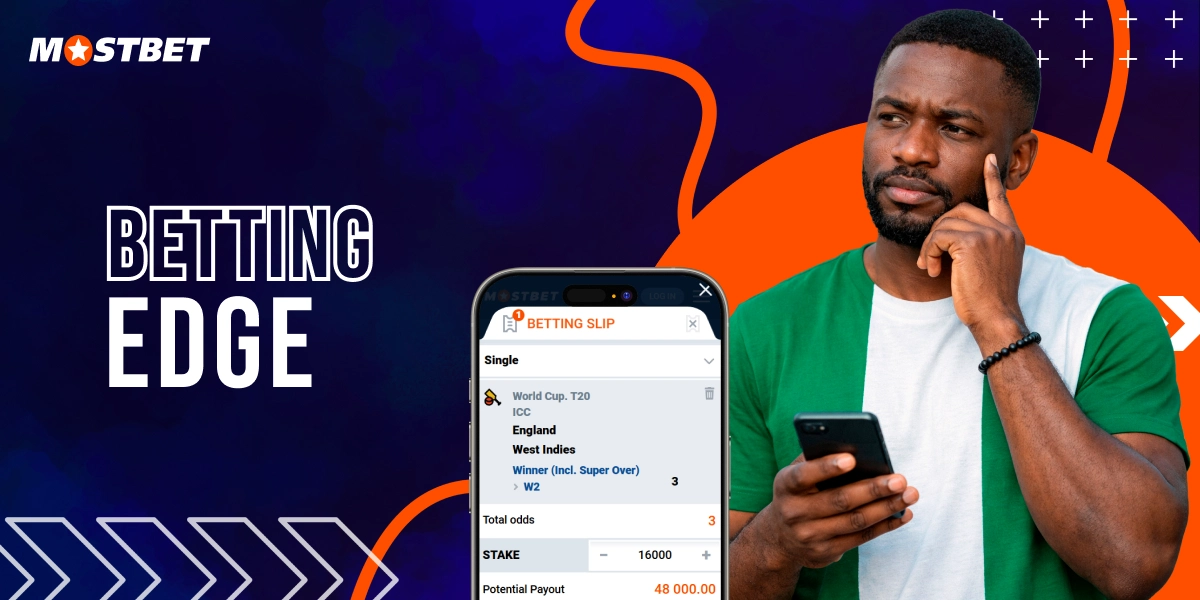 Betting edge concept on Mostbet with man analyzing odds on smartphone and focused expression
