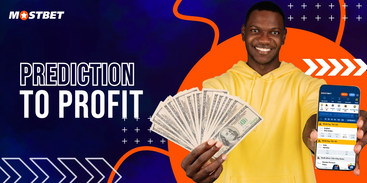 Prediction to profit theme on Mostbet with man holding cash and mobile betting app screen