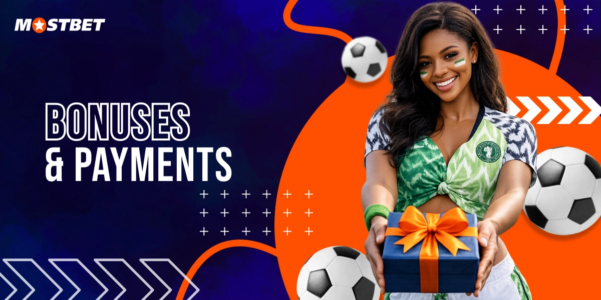 Bonuses and payments promotion on Mostbet featuring smiling woman with gift box and soccer ball