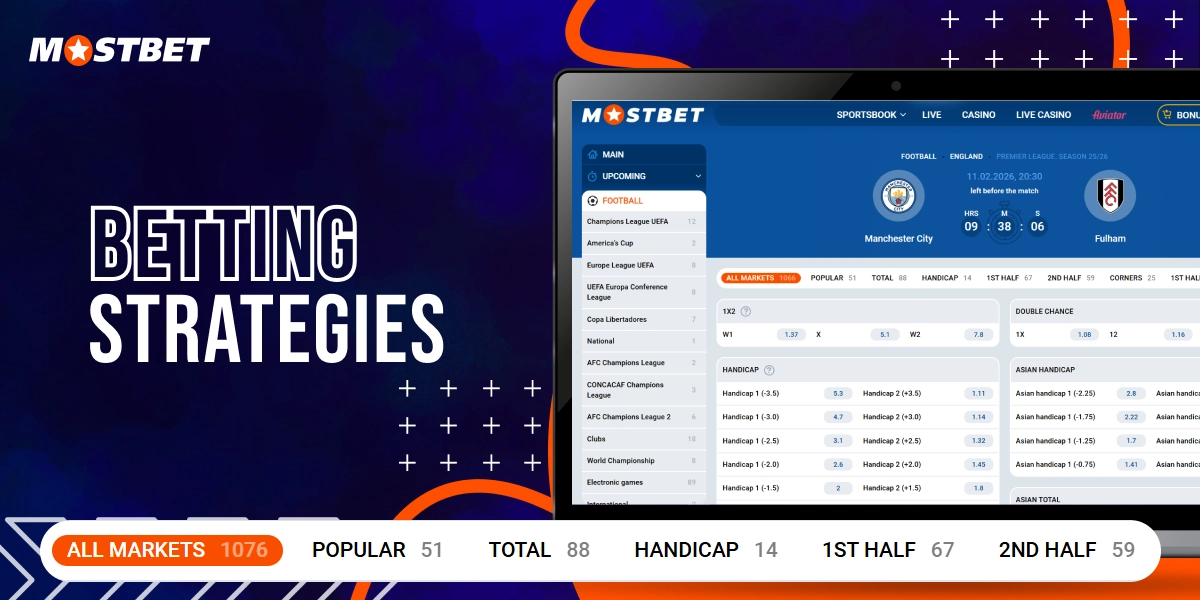 Betting strategies on Mostbet with sportsbook interface displaying football match odds